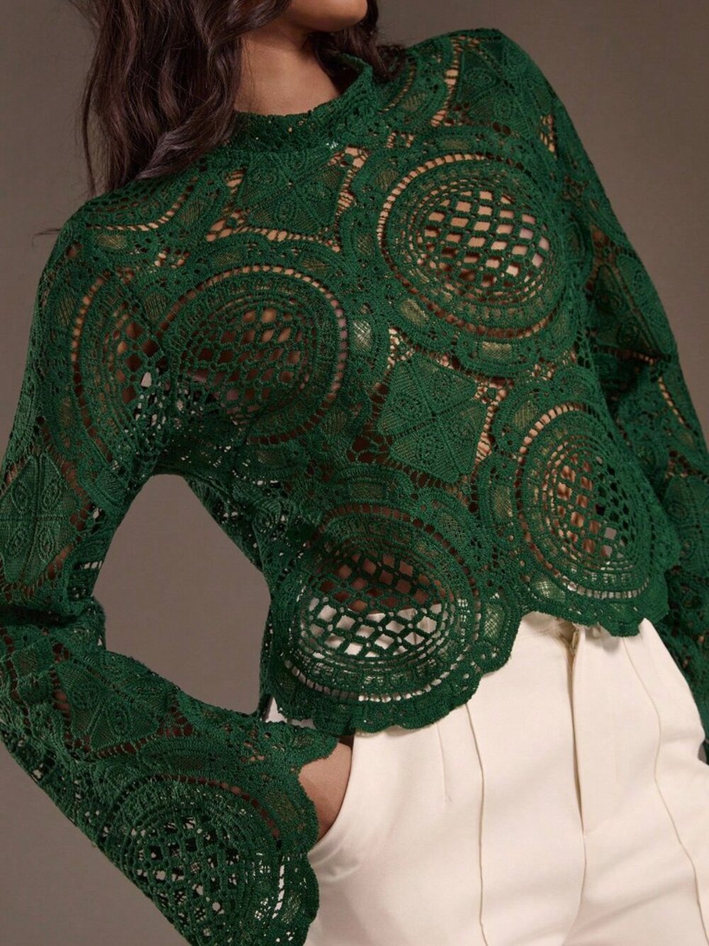 Dark Green Casual Women's Floral See-Through Top